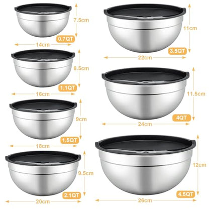 Hunnycook 7 Piece Mixing Bowls with Lids Set - Mixing Bowls Stainless Steel Bowls for Kitchen Baking, Size 0.7, 1.1, 1.5, 2.1, 3.5, 4, 4.5QT, Baking Bowl for Food Preparation, Mixing and Serving Foods