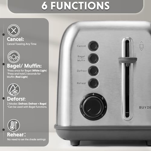 BUYDEEM DT620 2-Slice Toaster, 7 Shade Settings, Extra Wide 1.5'' Slots for Bagel & English Muffin, 6 Toasting Functions, Retro Stainless Steel Toaster with High Lift Lever, Silver