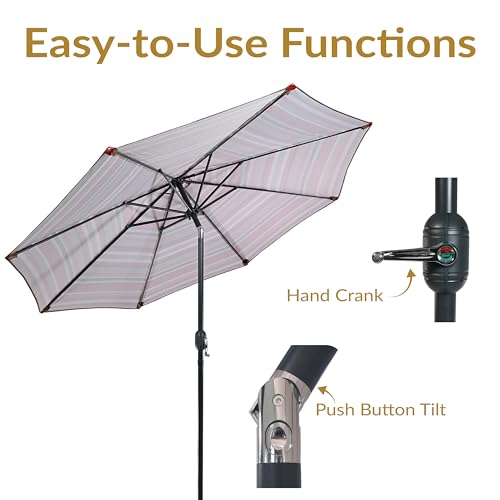 Sunnydaze Outdoor Patio Umbrella - Polyester Table Market Umbrella with Push-Button Tilt and Crank - 8 Sturdy Ribs - Awning Stripe - 9ft