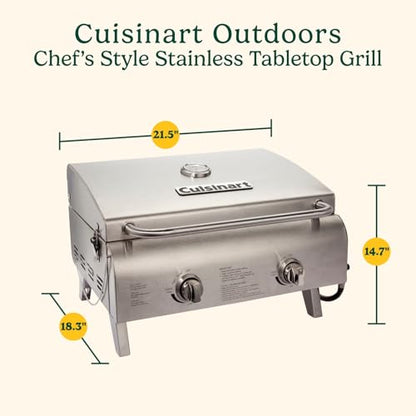 Cuisinart Chef's Style Tabletop Portable Propane Grill, 20,000 BTU Stainless Steel 2-Burner Outdoor Gas Grill for Camping, Tailgates, BBQ, Hassle-Free Setup, Twist-Start Ignition, CGG-306