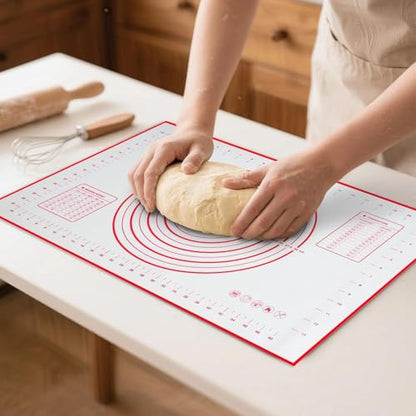 Silicone Baking Mat - 0.7mm New Upgraded Non-slip and Reusable Pastry Mat for Rolling Out Dough, Non Stick Silicone Mats with Measurements for Cookies, Macaroon, Bread, Pastry (Red)