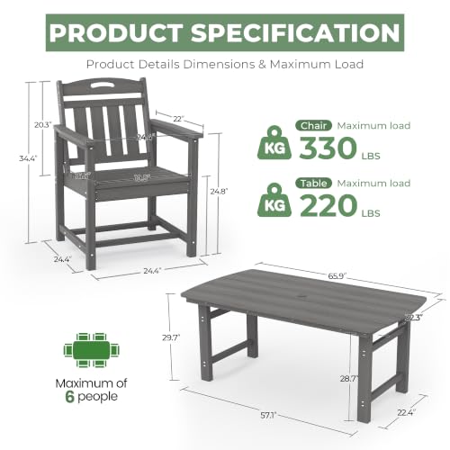 SUUNYN HDPE Outdoor Dining Set, Patio Table and Chairs Set, All-Weather 7-Piece Outside Table and 6 Chairs, 2" Umbrella Hole, Outdoor Furniture for Garden, Poolside, Backyard, Deck | Grey