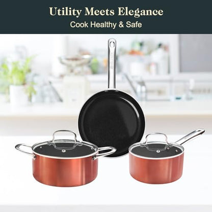 M MELENTA Pots and Pans Set Non Stick, 7 Piece Ceramic Cookware Set, Non Toxic Kitchen Induction Cookware Sets, Pots and Pans Cooking Set with Oven Safe Handle, 100% PFOA Free, Copper
