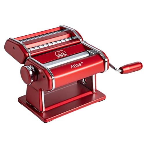 Marcato Made in Italy Atlas+Pasta Machine, Red. Chrome Plated Steel & Aluminum Rollers, Double Cutter for Lasagna, Fettuccine & Spaghetti; Durable Manual Pasta Maker for Homemade Pasta