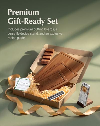 JINGNING Deep-Carbonized Bamboo Cutting Board Set for Kitchen with Wood Storage Stand, Deep Juice Grooves, Easy-Grip Handles & Non-Slip Pads, Premium Kitchen Gift