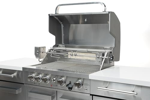 Mont Alpi Premium 70"W x 24"D Stainless Steel Compact Outdoor Kitchen Island with Refrigerator + 32"W 4-Burner BBQ Grill with Infrared Rotisserie Burner + Storage Cabinets + White Granite Countertops