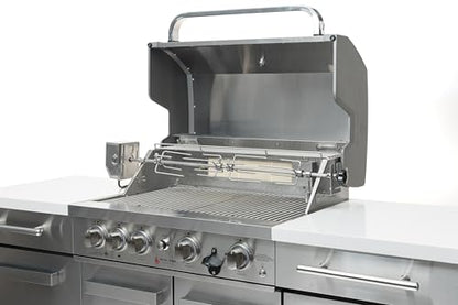 Mont Alpi Premium 70"W x 24"D Stainless Steel Compact Outdoor Kitchen Island with Refrigerator + 32"W 4-Burner BBQ Grill with Infrared Rotisserie Burner + Storage Cabinets + White Granite Countertops