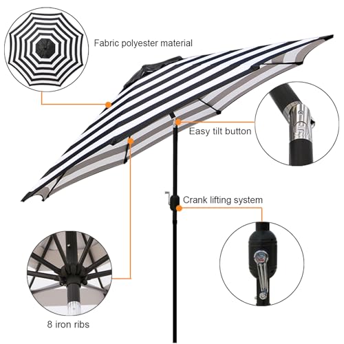 Blissun 9' Outdoor Patio Umbrella, Striped Patio Umbrella, Outdoor Table Umbrella, Market Umbrella with 8 Sturdy Ribs, Push Button Tilt and Crank (Black & White Stripe)