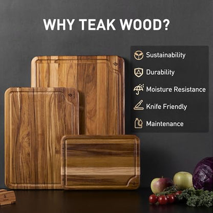 3 Pack Teak Wood Cutting Board Set for Kitchen Charcuterie Board Serving Heavy Duty Non Toxic Slip Over Sink Solid Thick Haus Wooden Chopping Board Large Big Small Meat Best Kitchen Mother Gift