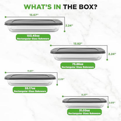 NutriChef 8-Piece Deep Glass Baking Dish for Oven with Lids - Casserole Dishes for Oven - Bakeware Sets for Lasagna, Meatloaf, Leftovers, Cooking, & Dishwasher Safe -Gray