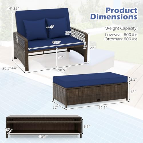 Tangkula Patio Rattan Daybed with 4-Level Adjustable Backrest, Navy