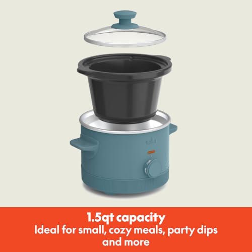 bella 1.5 Qt Slow Cooker with 3 Heat Manual Control, Ceramic Nonstick Coating, Dishwasher Safe Stoneware Pot and Tempered Glass Lid, Tangle Free Cord Wrap & Cool Touch Handles, Surf