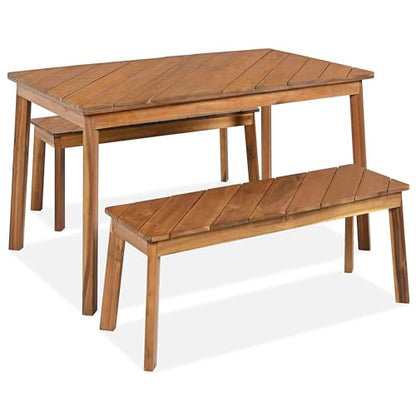SOFTSEA 3-Piece Outdoor Patio Dining Table Set, Acacia Wood Picnic Table with 2 Benches, Indoor Outdoor Dining Set for Garden, Porch and Poolside, Natural