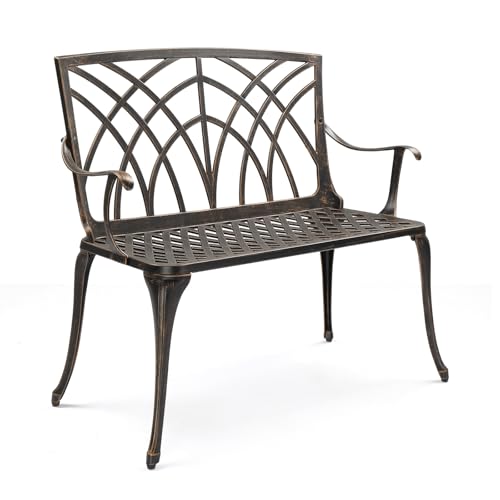 VINGLI 38" Outdoor Metal Bench, Cast Aluminium Garden Bench, Weatherproof Antique Finish Orchid Chair, 1-2 Person Seat Deck Furniture for Porch Entryway Patio (Brown)