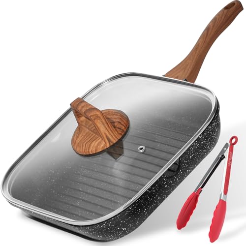 ESLITE LIFE 11 Inch Nonstick Grill Pan with Lid for Indoor Cooking, Versatile Induction Square Large Grilling Skillet Steak Pan for Stove Tops, PTFE & PFOA Free, Black