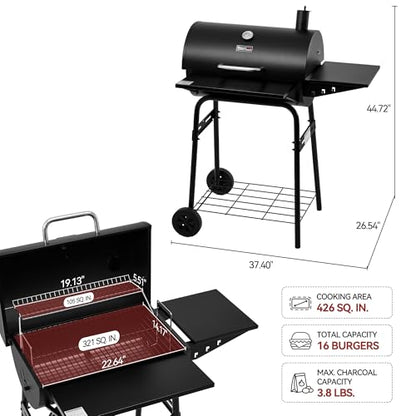 Royal Gourmet CC1624 Barrel Charcoal Grill, Large Charcoal Grill with Side & Front Shelves, 426 sq. in. Cooking Grid, Sturdy Side Shelf with Hooks, for Outdoor Backyard and Picnics, Black