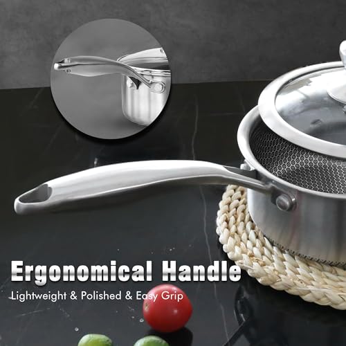 AuFranc™ Hybrid Nonstick 1 Quart Stainless Steel Saucepan with Glass Lid, Induction Sauce Pan with Honeycomb Carving, Non-stick Sauce Pot Compatible with All Cooktops, Dishwasher Safe, Non-Toxic