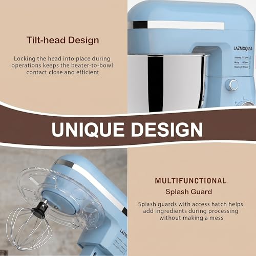 LAZMOQUSA Stand Mixer, 6.5 Quart, 660W, Tilt-Head Food Mixer with 10+ Speeds, Stainless Steel, Multifunctional, for Bread Dough and Cake (Blue)