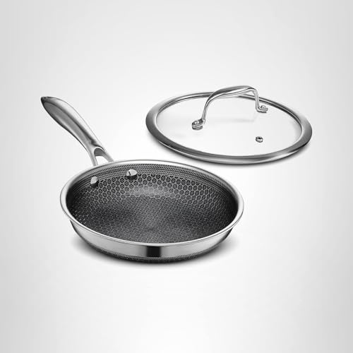 HexClad Hybrid Nonstick 8-Inch Frying Pan with Tempered Glass Lid, Stay-Cool Handle, Dishwasher-Friendly, Oven-Safe Up to 900°F, Induction Ready, Compatible with All Cooktops