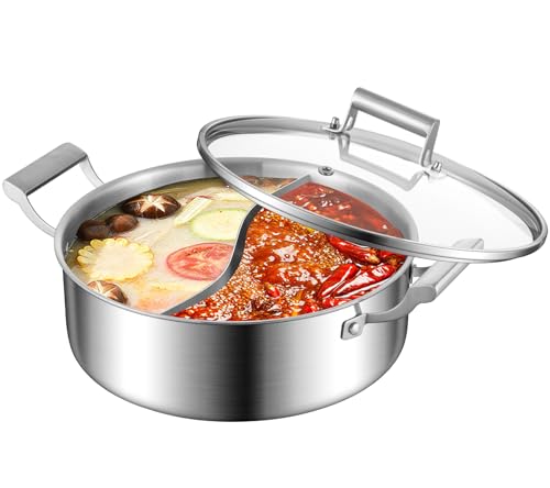 Delarlo 6.8QT Tri-Ply Stainless Steel Double-flavor Shabu Shabu Pot 12 inch Everyday Pan with Lid, Kitchen Induction,Cooking Hot Pot, Oven Safe Stock Pot, Up to 600℉