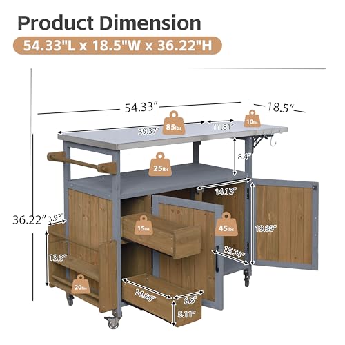 Christopher Knight Home Edsel Outdoor Bar Cart with Stainless Steel Top and Lockable Wheels, Solid Wood Outdoor Storage Cabinet, Kitchen Island Serving Cart for Poolside, Walnut Brown+Blue Gray