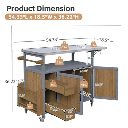 Christopher Knight Home Edsel Outdoor Bar Cart with Stainless Steel Top and Lockable Wheels, Solid Wood Outdoor Storage Cabinet, Kitchen Island Serving Cart for Poolside, Walnut Brown+Blue Gray