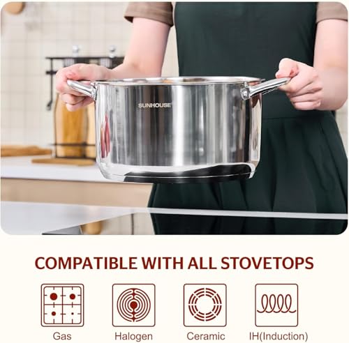 Sunhouse Stock Pot with Lid - 7 QT Large Pot for Cooking Pasta, Soup, Spaghetti - Impact Bonding Base Big Stainless Steel Pots for Canning, Boiling - Oven Safe & Induction Compatible Cookware