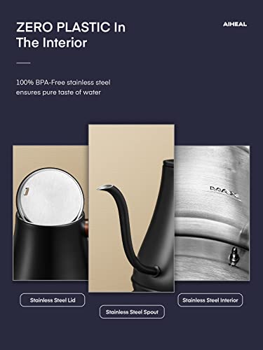 Electric Gooseneck Kettle Temperature Control, Pour Over Electric Kettle for Coffee and Tea, 100% Stainless Steel Inner, 1200W Rapid Heating, 0.8L, Built-in Stopwatch, Matte Black