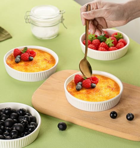 KOBIKOBI Ramekins 8 oz Oven Safe Set of 6 - Ceramic Creme Brulee Dishes, Souffle Cups, Individual Quiche Baking Dish, Food-Safe White Pudding Bowls for Kitchen, Stackable and Dishwasher Safe