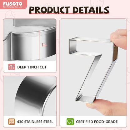 FUSOTO 9PCS Number Cookie Cutters Set, Birthday Numbers 0-8(6 Reverses to 9), Stainless Steel Cookie Cutters for Baking, Number Shaped Baking Tool for Homemaking Biscuits, Cookie, Dough