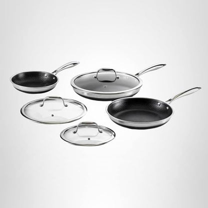 HexClad Hybrid Nonstick 6-Piece Frying Pan Set, 8, 10 and 12-Inch Frying Pans with Tempered Glass Lids, Stay-Cool Handles, Dishwasher and Oven Safe, Induction Ready, Compatible with All Cooktops