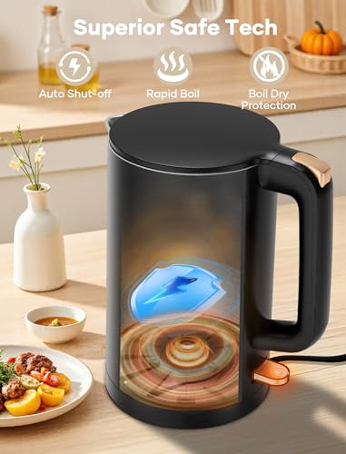 Yoochu Electric Kettle, Double Wall 1.7L Stainless Steel Cool Touch, Water Boiler & Heater, 1500W Hot Tea Pot, Boil Dry Protection & Cordless Base, BPA-Free, Black