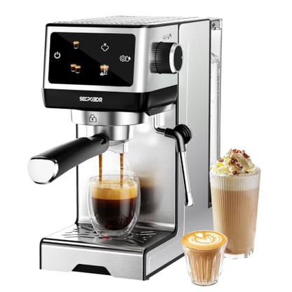 SECPOEDR 20Bar Espresso Machine with Poweful Milk Frother Rapid Cold Brew, Easy to Use Compact Espresso Maker, Fast Heat 1350W Barista-Quality Home Cappuccino Latte Machine,45oz Water Tank, Silver