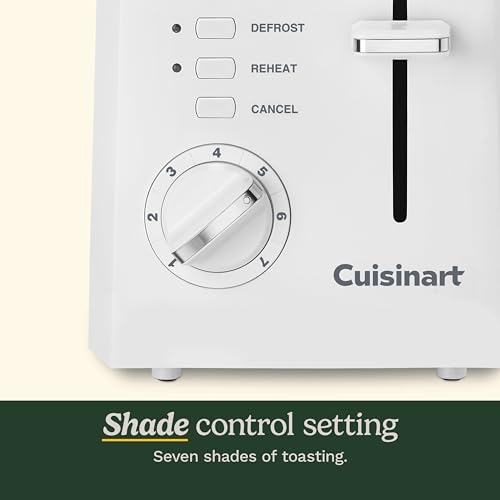 Cuisinart CPT-122 2-Slice Compact Plastic Toaster, Slots for Bagels & Bread, 7 Shade Settings, Cancel/Defrost/Reheat Functions, Removable Crumb Tray, Small Kitchen Appliance for Home & Office, White