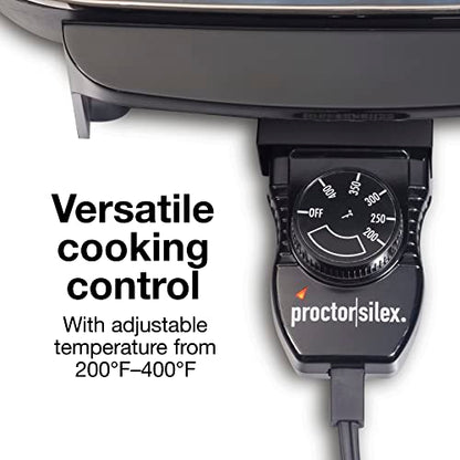 Proctor Silex Electric Skillet with Lid, 116 sq. in. Nonstick Cooking Surface for Frying, Sauteing, Simmering and Braising, Adjustable Temp 200° to 400° F, Black (38526PS)