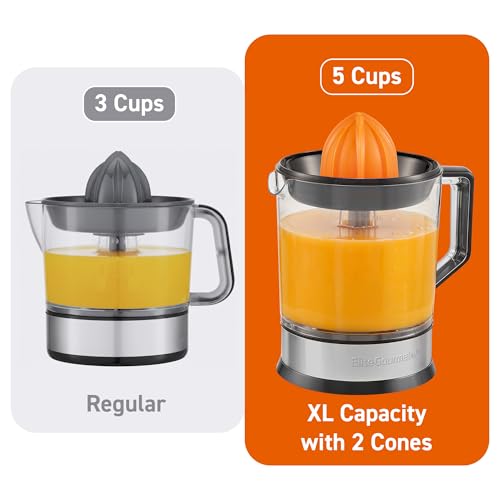 Elite Gourmet ETS047 BPA-Free 40-Watt Electric Citrus Juicer with 2 Cones, Compact, Large Volume, Pulp Control, Oranges, Lemons, Limes, Grapefruits with Easy Pour Spout, 1.2L, Black/Stainless Steel