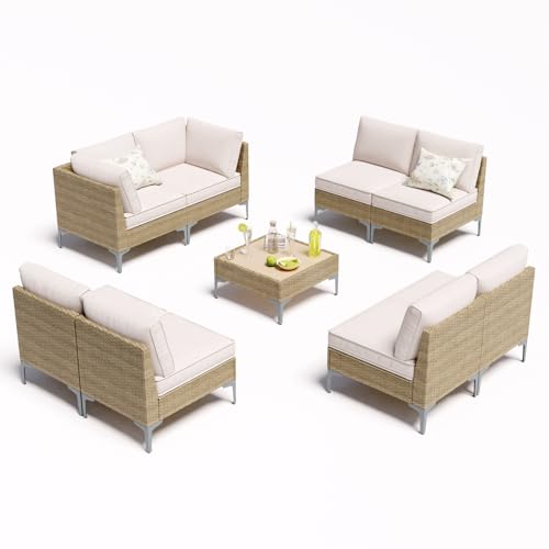 JOYURE 9 Piece Wicker Patio Furniture Set,Outdoor Conversation Sectional Sofa w/Coffee Table,All-Weather Outdoor Sofa with Thick and Anti-Slip Cushions for Deck,Poolside,Garden,Beige