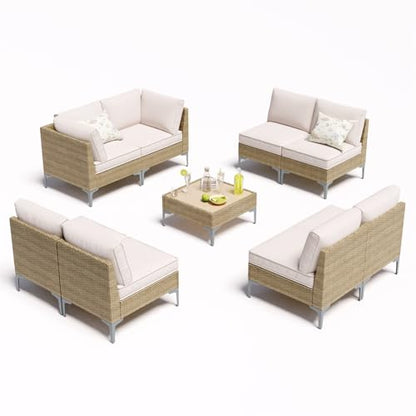JOYURE 9 Piece Wicker Patio Furniture Set,Outdoor Conversation Sectional Sofa w/Coffee Table,All-Weather Outdoor Sofa with Thick and Anti-Slip Cushions for Deck,Poolside,Garden,Beige