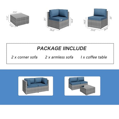Shintenchi 5 Pieces Outdoor Patio Furniture Sets, Patio Sectional Sofa Couch, Gray PE Wicker Furniture Modular Patio Conversation Sets Patio Sofa with Washable Cushions & Table（Aegean Blue）