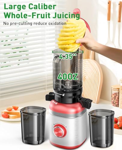 Cold Press Juicer Machines with Wide Feed Chute, Slow Masticating Juicer Maker for Whole Vegetables & Fruits, High Juice Yield, Easy to Clean, Large Auger Extractor, Red