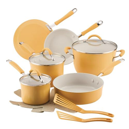 Rachael Ray Cucina Ceramic Cookware Set - 13 Pieces - Ceramic Pots and Pans Set w/Nonstick Frying Pans, Saute Pan, Saucepans, Stockpot, Lids, Pan Protectors & Cooking Utensils - Turmeric