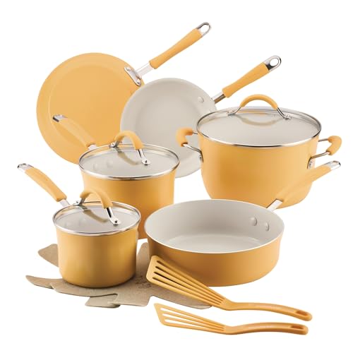 Rachael Ray Cucina Ceramic Cookware Set - 13 Pieces - Ceramic Pots and Pans Set w/Nonstick Frying Pans, Saute Pan, Saucepans, Stockpot, Lids, Pan Protectors & Cooking Utensils - Turmeric
