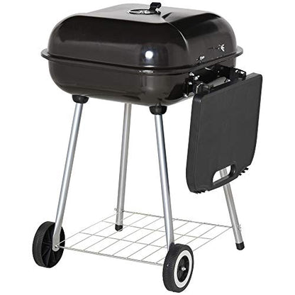 Outsunny Portable Charcoal Grill with Foldable Side Shelf and Bottom Shelf, BBQ Smoker with Wheels and Adjustable Vents on Lid for Picnic Camping Backyard Cooking, Black