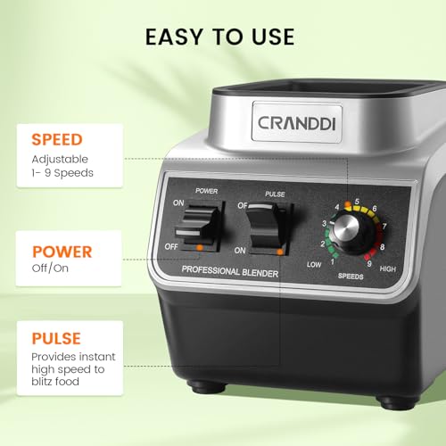 CRANDDI Professional Commercial Blender, Max 1500W, 80oz Pitcher, Powerful Blender with Tamper for Smoothie, Ice Crushing, Variable 9 Speeds Control,110V, K96, Black