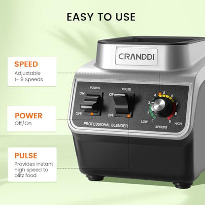 CRANDDI Professional Commercial Blender, Max 1500W, 80oz Pitcher, Powerful Blender with Tamper for Smoothie, Ice Crushing, Variable 9 Speeds Control,110V, K96, Black