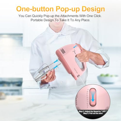 LILPARTNER Hand Mixer Electric, Ultra Power Kitchen Hand Mixer With 7-Speed & 5 Stainless Steel Accessories for Whipping Dough, Cream, Cake, Dishwasher Safe, Light Pink