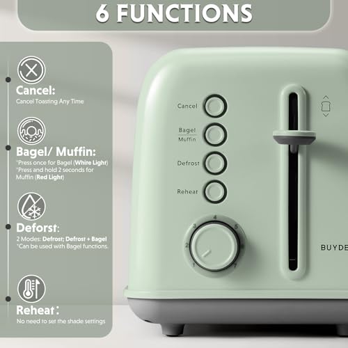 BUYDEEM DT620 2-Slice Toaster, 7 Shade Settings, Extra Wide 1.5'' Slots for Bagel & English Muffin, 6 Toasting Functions, Retro Stainless Steel Toaster with High Lift Lever, Cozy Greenish