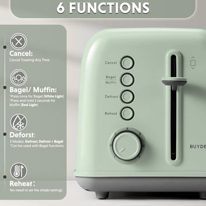 BUYDEEM DT620 2-Slice Toaster, 7 Shade Settings, Extra Wide 1.5'' Slots for Bagel & English Muffin, 6 Toasting Functions, Retro Stainless Steel Toaster with High Lift Lever, Cozy Greenish