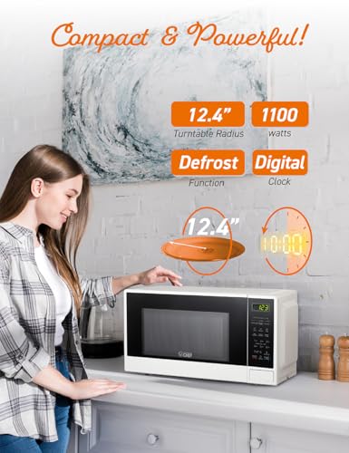 Commercial Chef 1.1 Cu. Ft. Countertop Microwave Oven, Touch Controls with Digital LED Display, 1100W Microwave, Push Button Door, 10 Power Levels, CHCM11100W, White