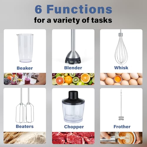 REVOTRA Immersion Blender Handheld, 6 in 1 Hand Blender, 12 Speed Stainless Steel Immersion Blender, Whisk, Chopper, Beaker, Beaters, Milk Frother